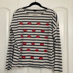 J.Crew blue stripped long sleeve tee with embroidered lips details